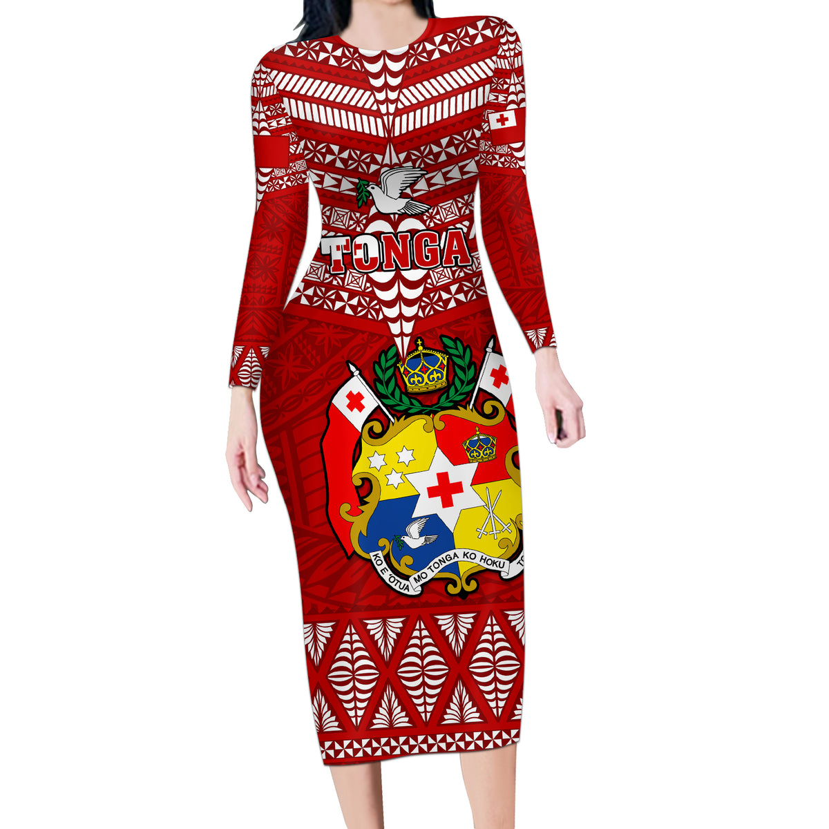 Tonga Rugby Long Sleeve Bodycon Dress 2023 World Cup Tongan Kupesi Ngatu Pattern - Wonder Print Shop