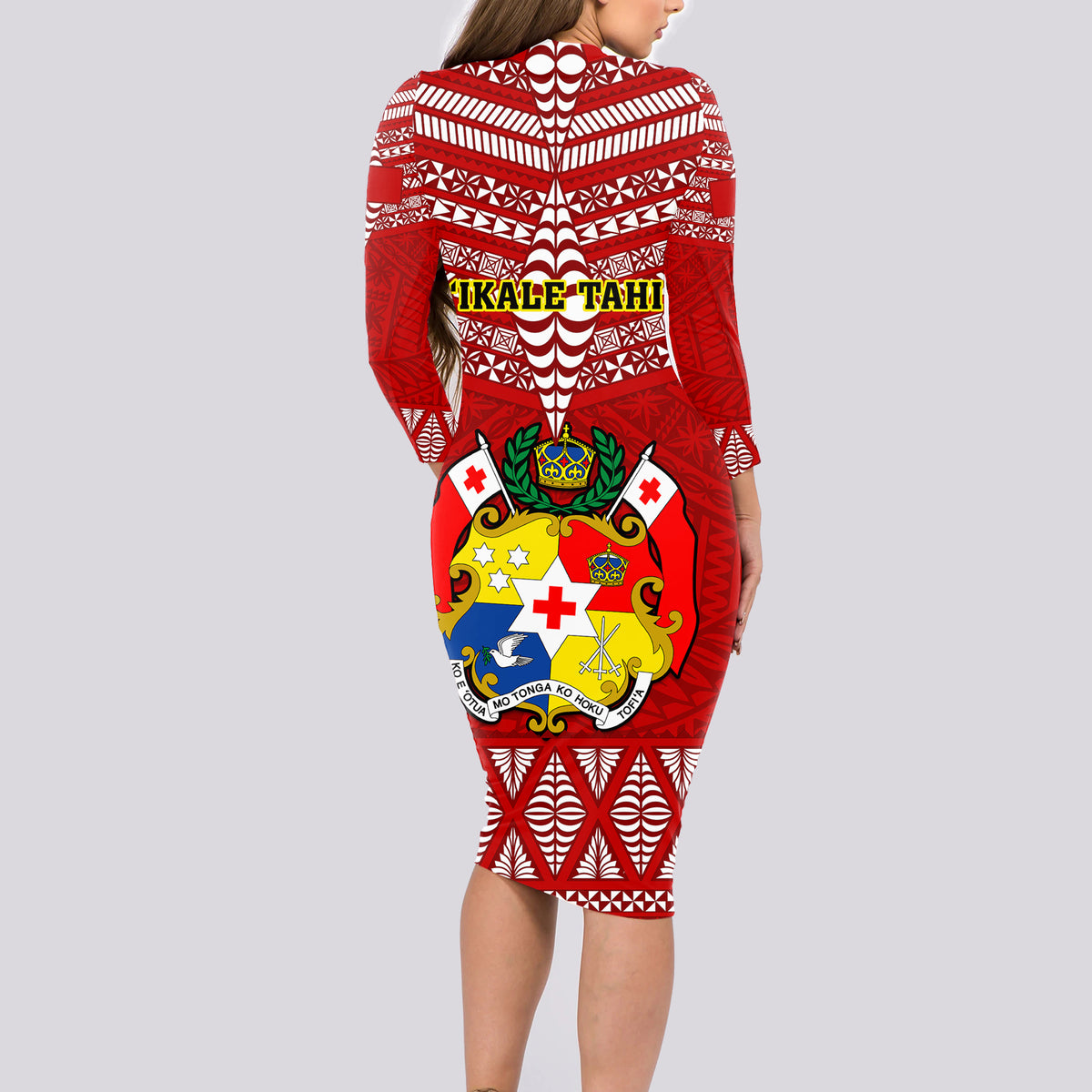 Tonga Rugby Long Sleeve Bodycon Dress 2023 World Cup Tongan Kupesi Ngatu Pattern - Wonder Print Shop