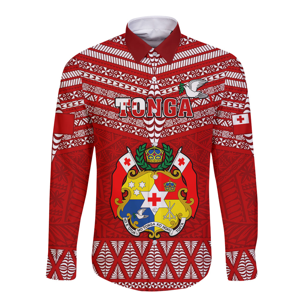 Tonga Rugby Long Sleeve Button Shirt 2023 World Cup Tongan Kupesi Ngatu Pattern - Wonder Print Shop