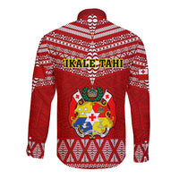 Tonga Rugby Long Sleeve Button Shirt 2023 World Cup Tongan Kupesi Ngatu Pattern - Wonder Print Shop