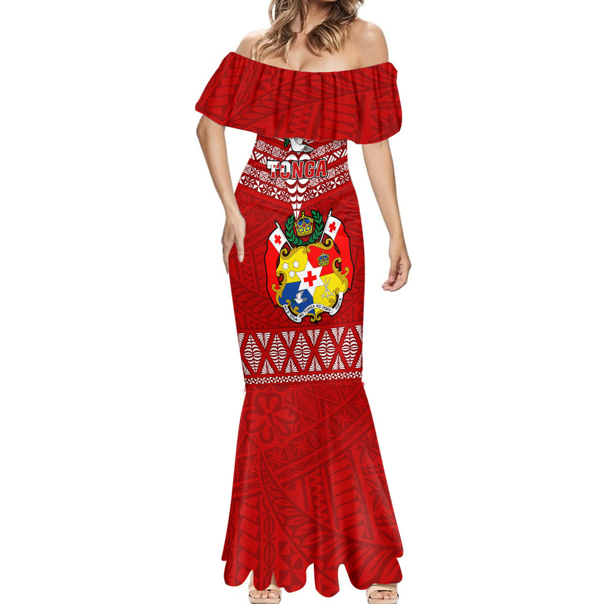 Tonga Rugby Mermaid Dress 2023 World Cup Tongan Kupesi Ngatu Pattern - Wonder Print Shop