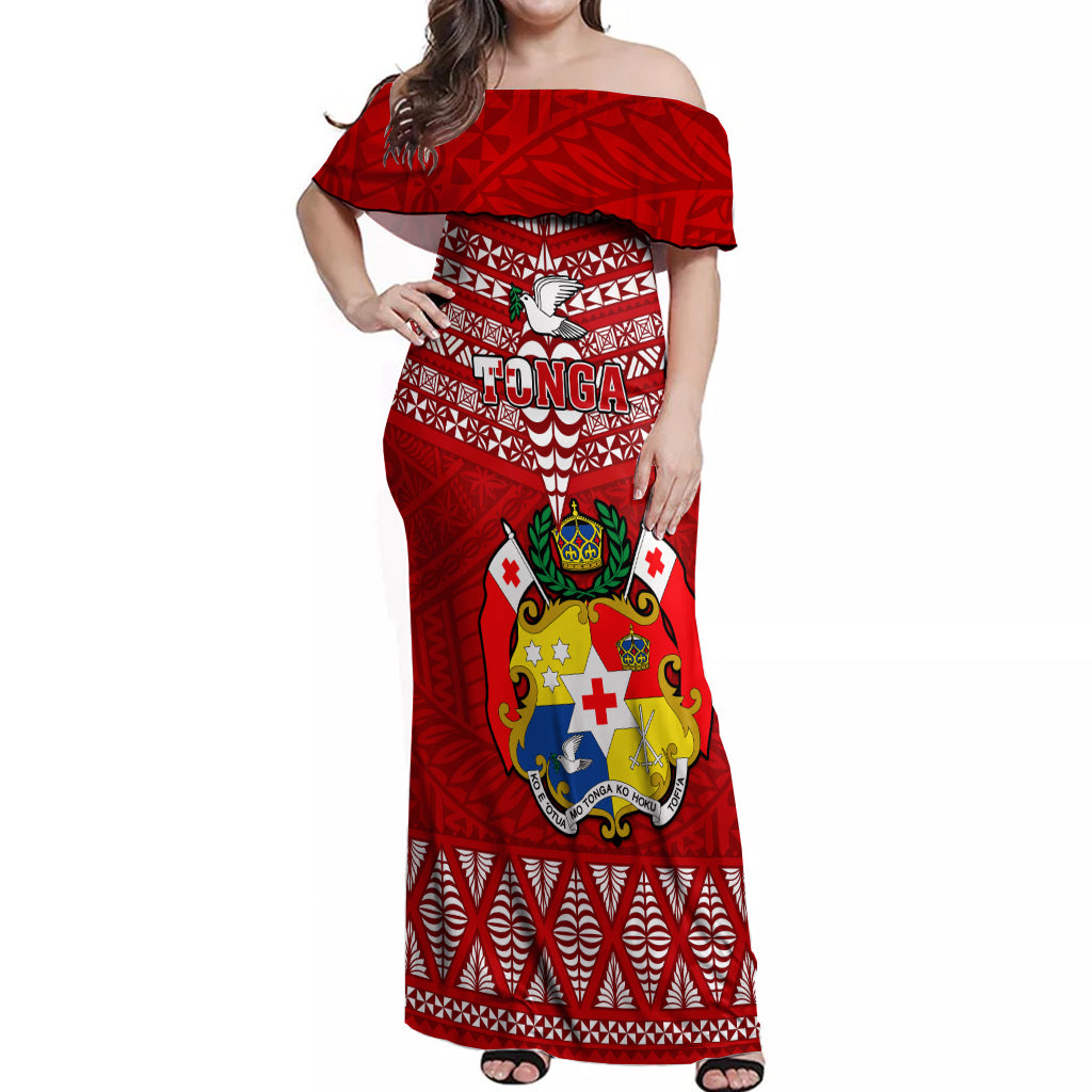 Tonga Rugby Off Shoulder Maxi Dress 2023 World Cup Tongan Kupesi Ngatu Pattern - Wonder Print Shop