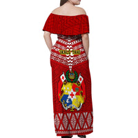 Tonga Rugby Off Shoulder Maxi Dress 2023 World Cup Tongan Kupesi Ngatu Pattern - Wonder Print Shop