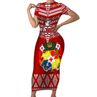 Tonga Rugby Short Sleeve Bodycon Dress 2023 World Cup Tongan Kupesi Ngatu Pattern - Wonder Print Shop