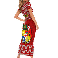 Tonga Rugby Short Sleeve Bodycon Dress 2023 World Cup Tongan Kupesi Ngatu Pattern - Wonder Print Shop