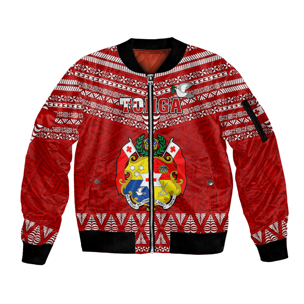 Tonga Rugby Sleeve Zip Bomber Jacket 2023 World Cup Tongan Kupesi Ngatu Pattern - Wonder Print Shop