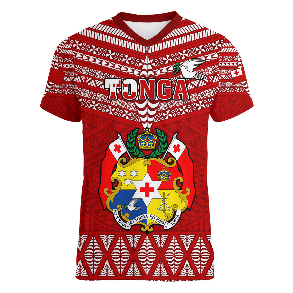 Tonga Rugby Women V Neck T Shirt 2023 World Cup Tongan Kupesi Ngatu Pattern - Wonder Print Shop