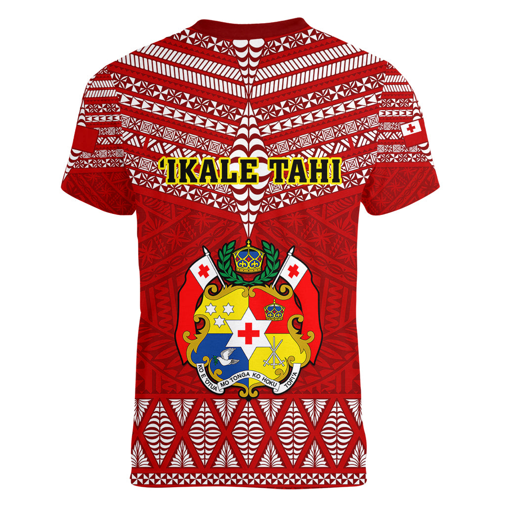 Tonga Rugby Women V Neck T Shirt 2023 World Cup Tongan Kupesi Ngatu Pattern - Wonder Print Shop