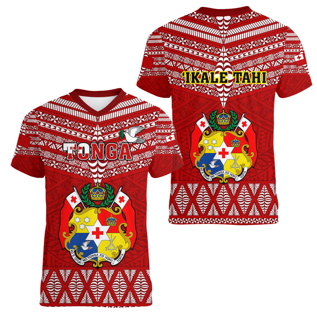 Tonga Rugby Women V Neck T Shirt 2023 World Cup Tongan Kupesi Ngatu Pattern - Wonder Print Shop
