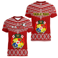 Tonga Rugby Women V Neck T Shirt 2023 World Cup Tongan Kupesi Ngatu Pattern - Wonder Print Shop