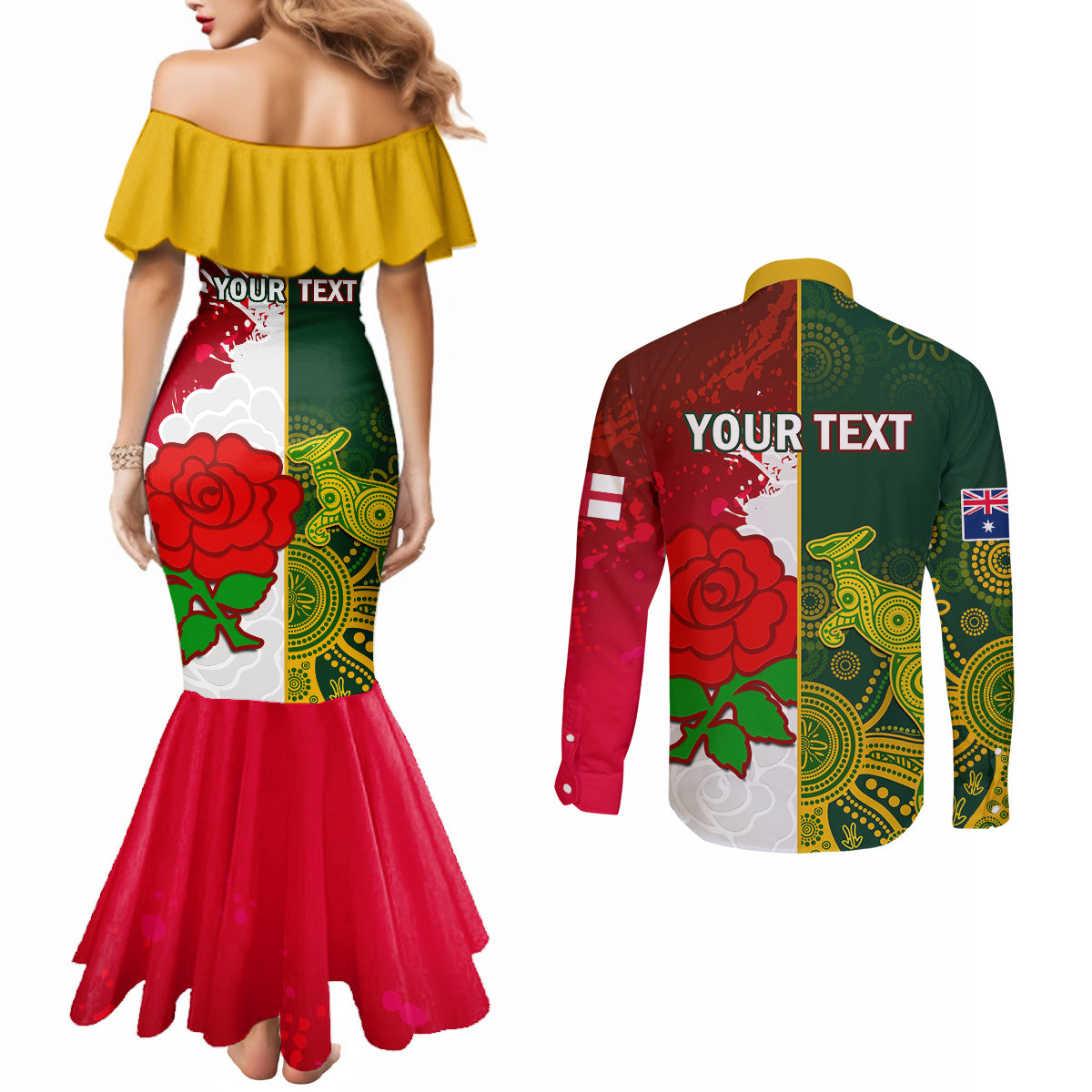 personalised-australia-and-england-rugby-couples-matching-mermaid-dress-and-long-sleeve-button-shirts-indigenous-wallabies-with-red-roses-sporty-version