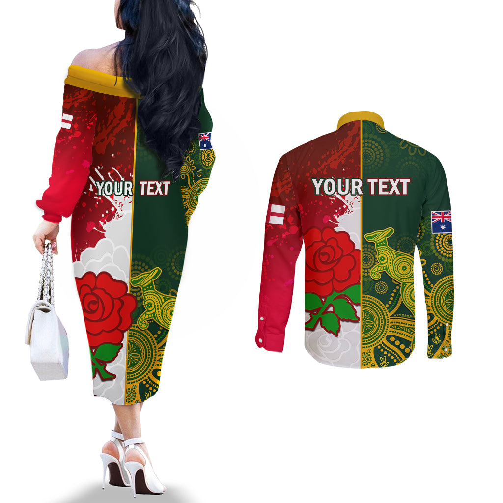 personalised-australia-and-england-rugby-couples-matching-off-the-shoulder-long-sleeve-dress-and-long-sleeve-button-shirts-indigenous-wallabies-with-red-roses-sporty-version