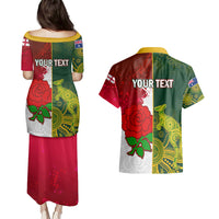 Personalised Australia And England Rugby Couples Matching Puletasi Dress and Hawaiian Shirt Indigenous Wallabies With Red Roses Sporty Version - Wonder Print Shop
