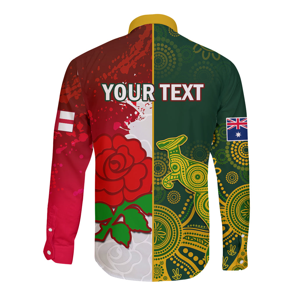 Personalised Australia And England Rugby Long Sleeve Button Shirt Indigenous Wallabies With Red Roses Sporty Version - Wonder Print Shop
