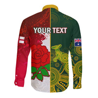 Personalised Australia And England Rugby Long Sleeve Button Shirt Indigenous Wallabies With Red Roses Sporty Version - Wonder Print Shop