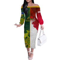 Personalised Australia And England Rugby Off The Shoulder Long Sleeve Dress Indigenous Wallabies With Red Roses Sporty Version - Wonder Print Shop