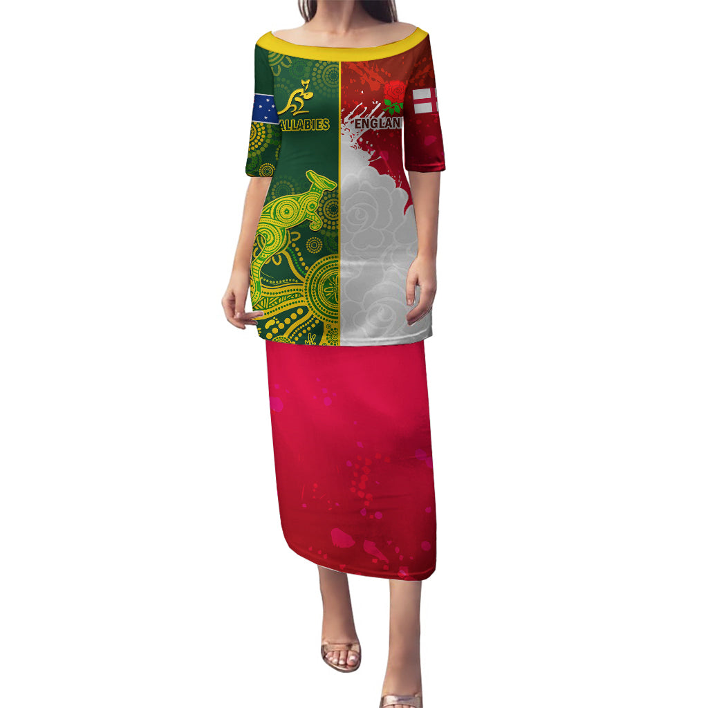 Personalised Australia And England Rugby Puletasi Indigenous Wallabies With Red Roses Sporty Version - Wonder Print Shop