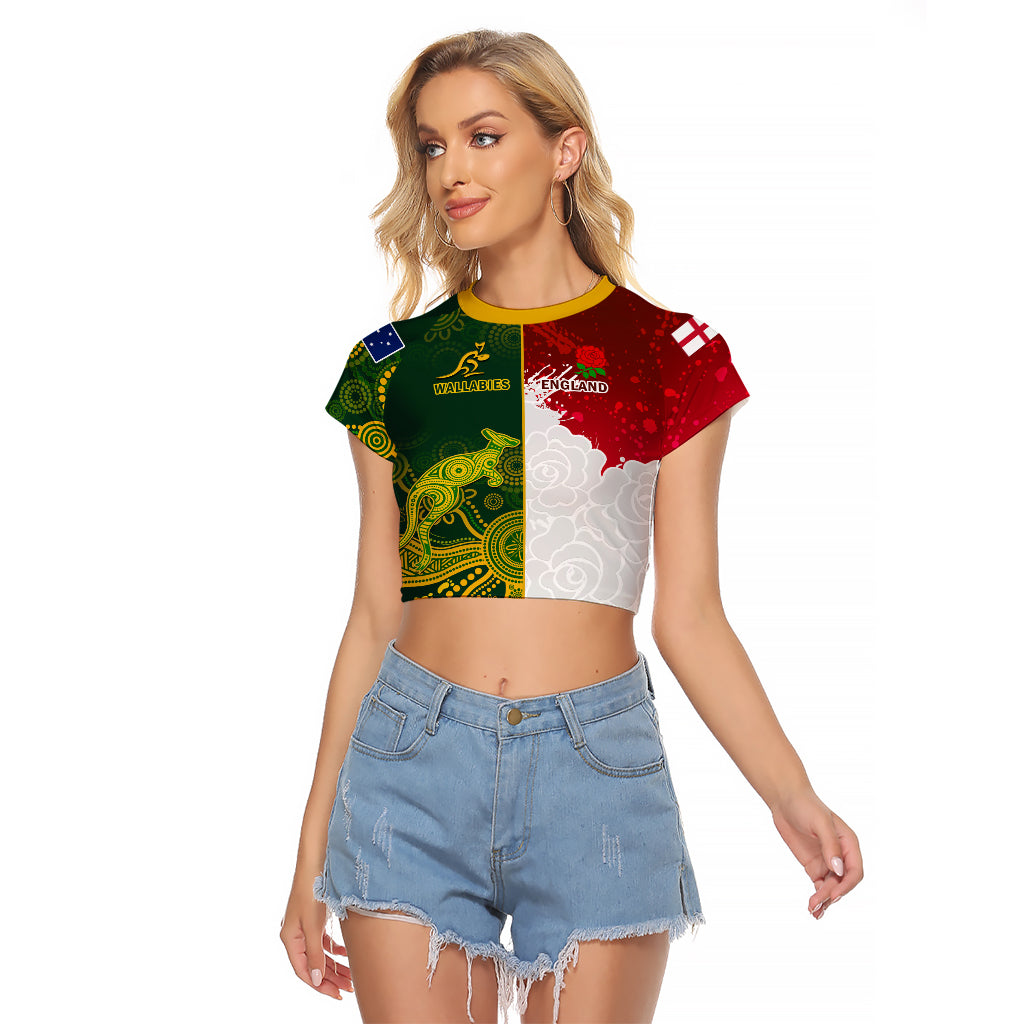 Personalised Australia And England Rugby Raglan Cropped T Shirt Indigenous Wallabies With Red Roses Sporty Version - Wonder Print Shop