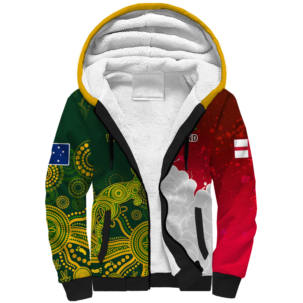 Personalised Australia And England Rugby Sherpa Hoodie Indigenous Wallabies With Red Roses Sporty Version - Wonder Print Shop