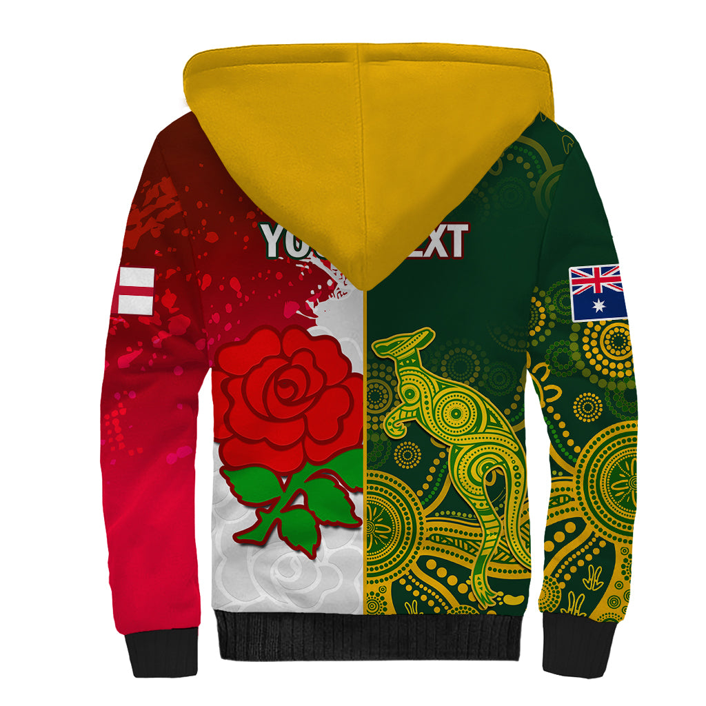 Personalised Australia And England Rugby Sherpa Hoodie Indigenous Wallabies With Red Roses Sporty Version - Wonder Print Shop
