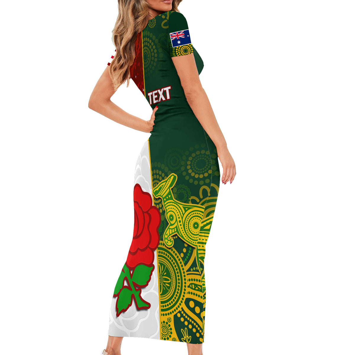 Personalised Australia And England Rugby Short Sleeve Bodycon Dress Indigenous Wallabies With Red Roses Sporty Version - Wonder Print Shop
