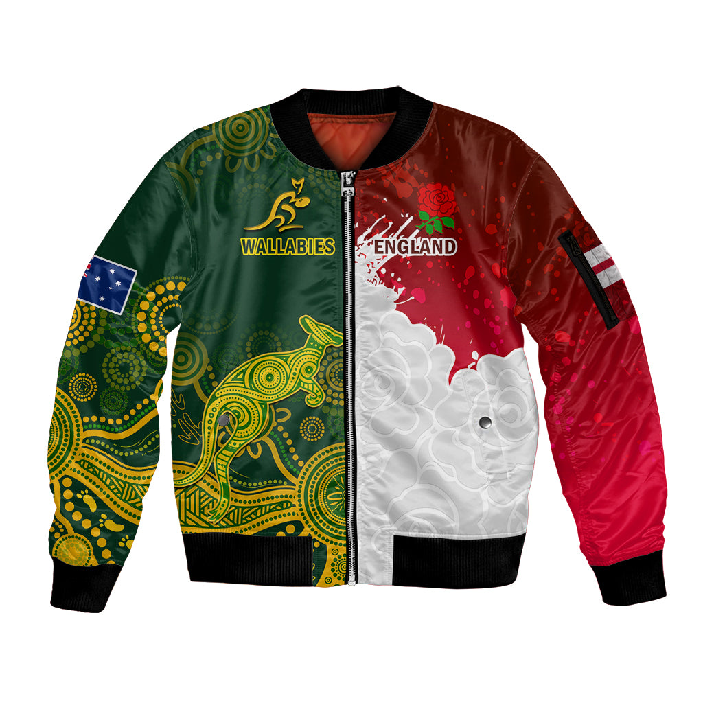 Personalised Australia And England Rugby Sleeve Zip Bomber Jacket Indigenous Wallabies With Red Roses Sporty Version - Wonder Print Shop