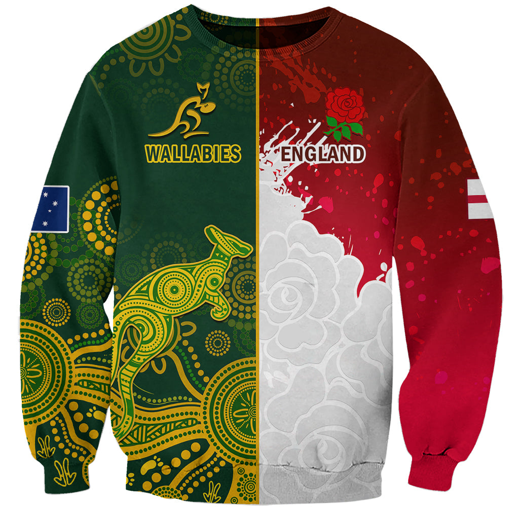 Personalised Australia And England Rugby Sweatshirt Indigenous Wallabies With Red Roses Sporty Version - Wonder Print Shop