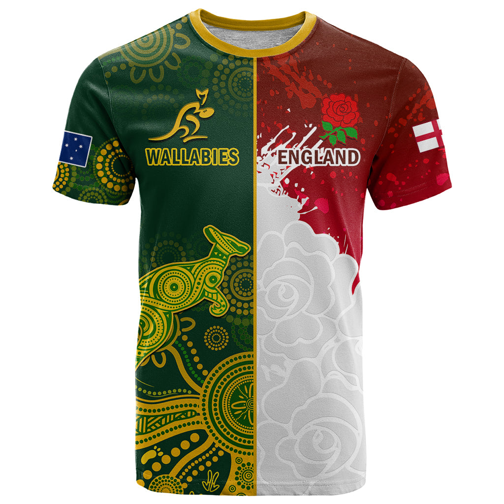 Personalised Australia And England Rugby T Shirt Indigenous Wallabies With Red Roses Sporty Version - Wonder Print Shop