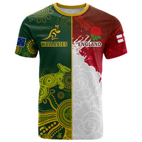 Personalised Australia And England Rugby T Shirt Indigenous Wallabies With Red Roses Sporty Version - Wonder Print Shop