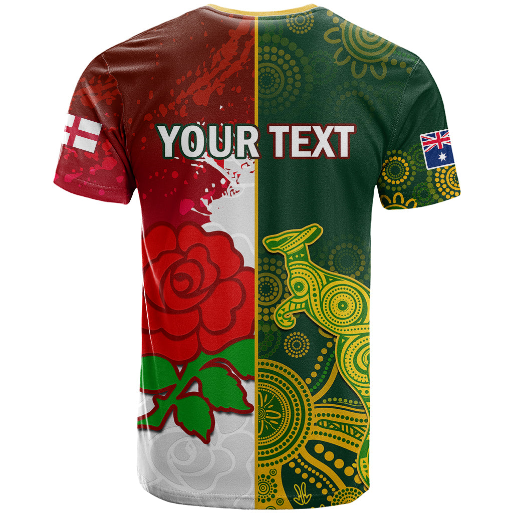 Personalised Australia And England Rugby T Shirt Indigenous Wallabies With Red Roses Sporty Version - Wonder Print Shop