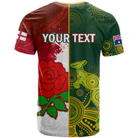 Personalised Australia And England Rugby T Shirt Indigenous Wallabies With Red Roses Sporty Version - Wonder Print Shop