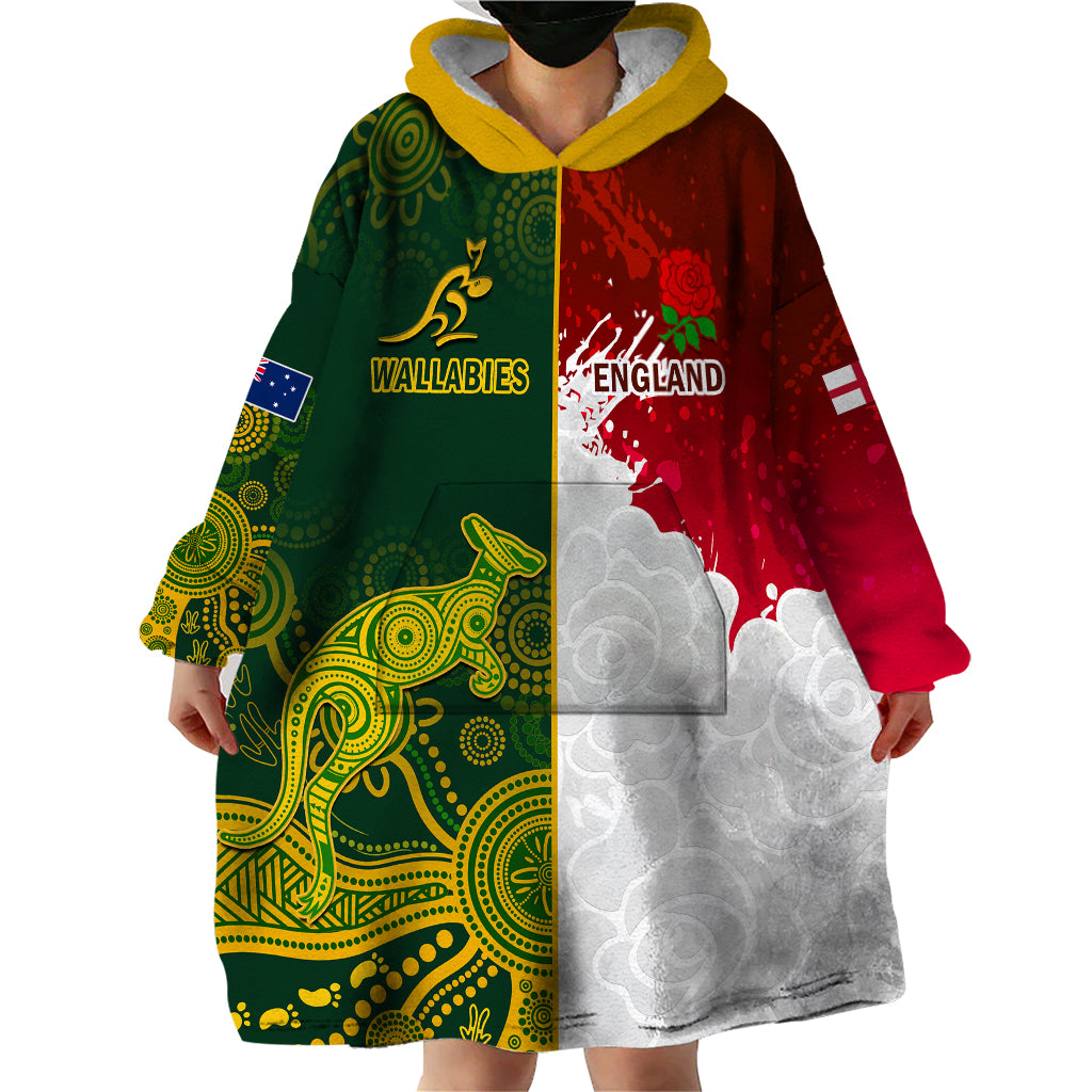 Personalised Australia And England Rugby Wearable Blanket Hoodie Indigenous Wallabies With Red Roses Sporty Version - Wonder Print Shop