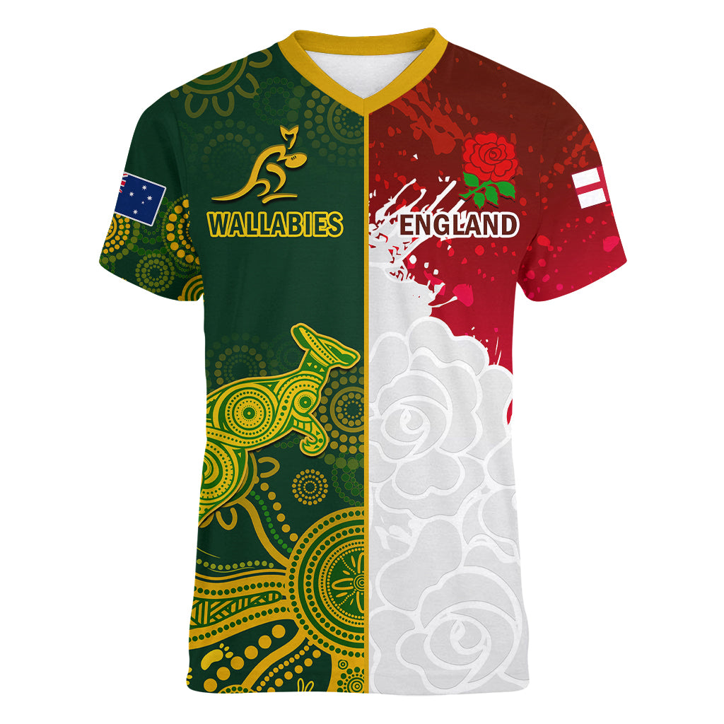 Personalised Australia And England Rugby Women V Neck T Shirt Indigenous Wallabies With Red Roses Sporty Version - Wonder Print Shop