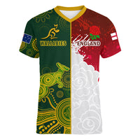 Personalised Australia And England Rugby Women V Neck T Shirt Indigenous Wallabies With Red Roses Sporty Version - Wonder Print Shop