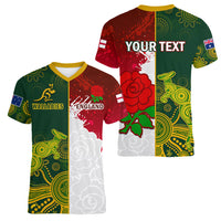 Personalised Australia And England Rugby Women V Neck T Shirt Indigenous Wallabies With Red Roses Sporty Version - Wonder Print Shop