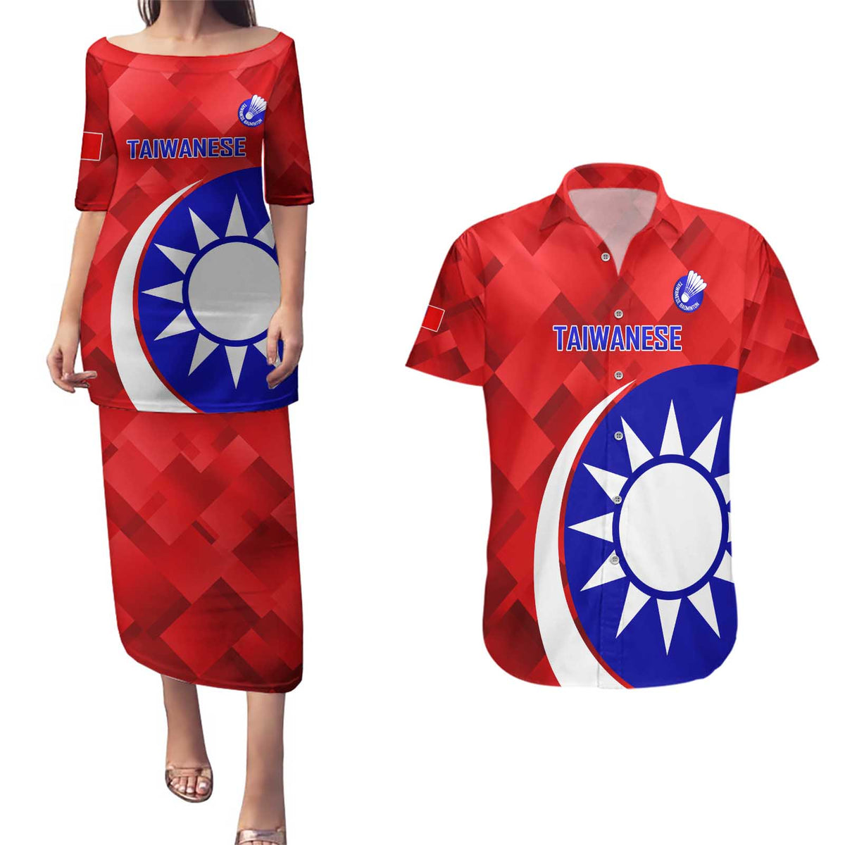 Personalised Taiwan Badminton Couples Matching Puletasi and Hawaiian Shirt 2024 Taiwanese Proud Dynamic Style - Wonder Print Shop