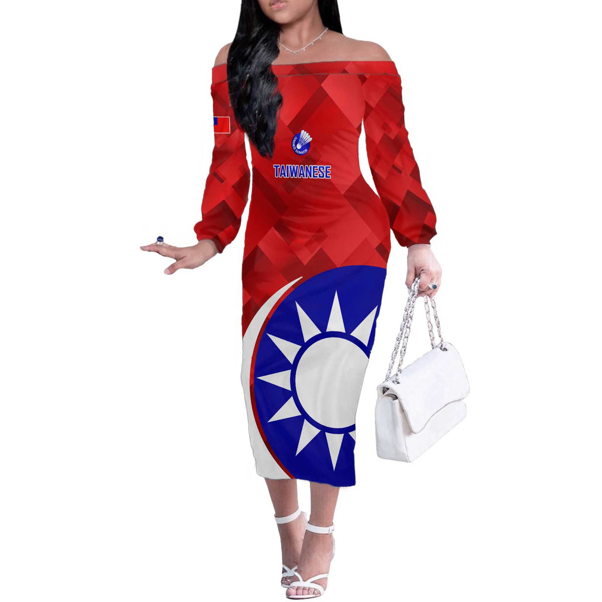 Personalised Taiwan Badminton Off The Shoulder Long Sleeve Dress 2024 Taiwanese Proud Dynamic Style - Wonder Print Shop