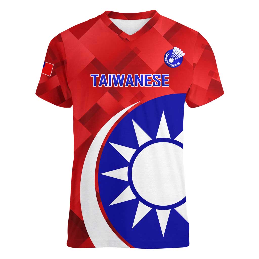 Personalised Taiwan Badminton Women V-Neck T-Shirt 2024 Taiwanese Proud Dynamic Style - Wonder Print Shop