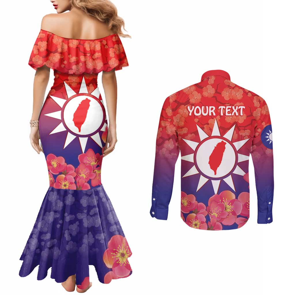 Personalised Taiwan Couples Matching Mermaid Dress and Long Sleeve Button Shirt Taiwanese Map Mix Prunus Mume Blossoms