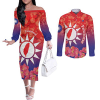 Personalised Taiwan Couples Matching Off The Shoulder Long Sleeve Dress and Long Sleeve Button Shirt Taiwanese Map Mix Prunus Mume Blossoms