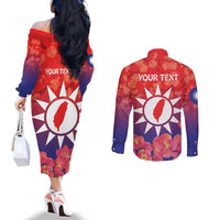 Personalised Taiwan Couples Matching Off The Shoulder Long Sleeve Dress and Long Sleeve Button Shirt Taiwanese Map Mix Prunus Mume Blossoms