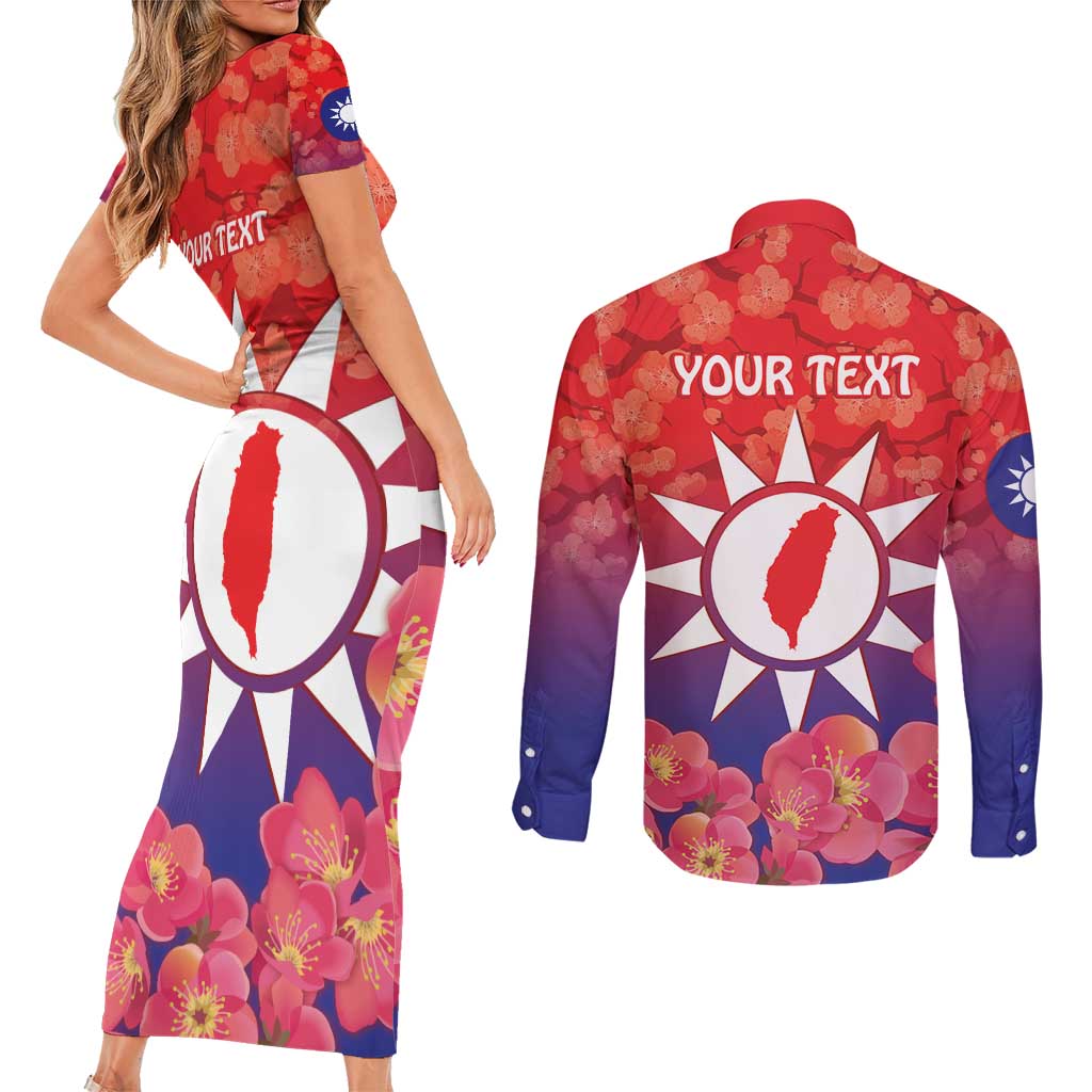 Personalised Taiwan Couples Matching Short Sleeve Bodycon Dress and Long Sleeve Button Shirt Taiwanese Map Mix Prunus Mume Blossoms - Wonder Print Shop