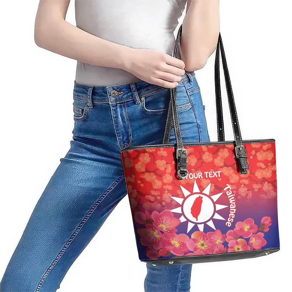 Personalised Taiwan Leather Tote Bag Taiwanese Map Mix Prunus Mume Blossoms - Wonder Print Shop