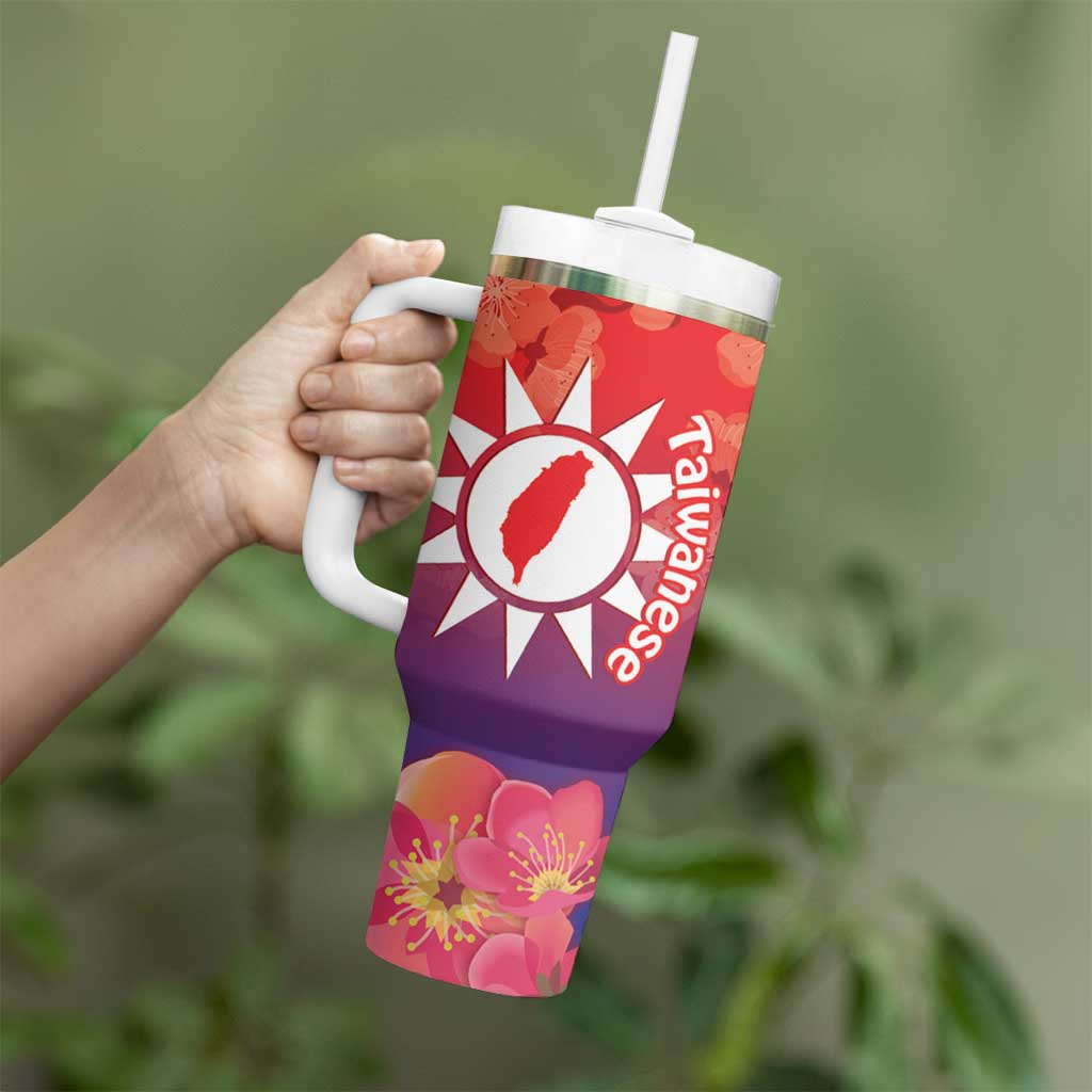 Personalised Taiwan Tumbler With Handle Taiwanese Map Mix Prunus Mume Blossoms - Wonder Print Shop