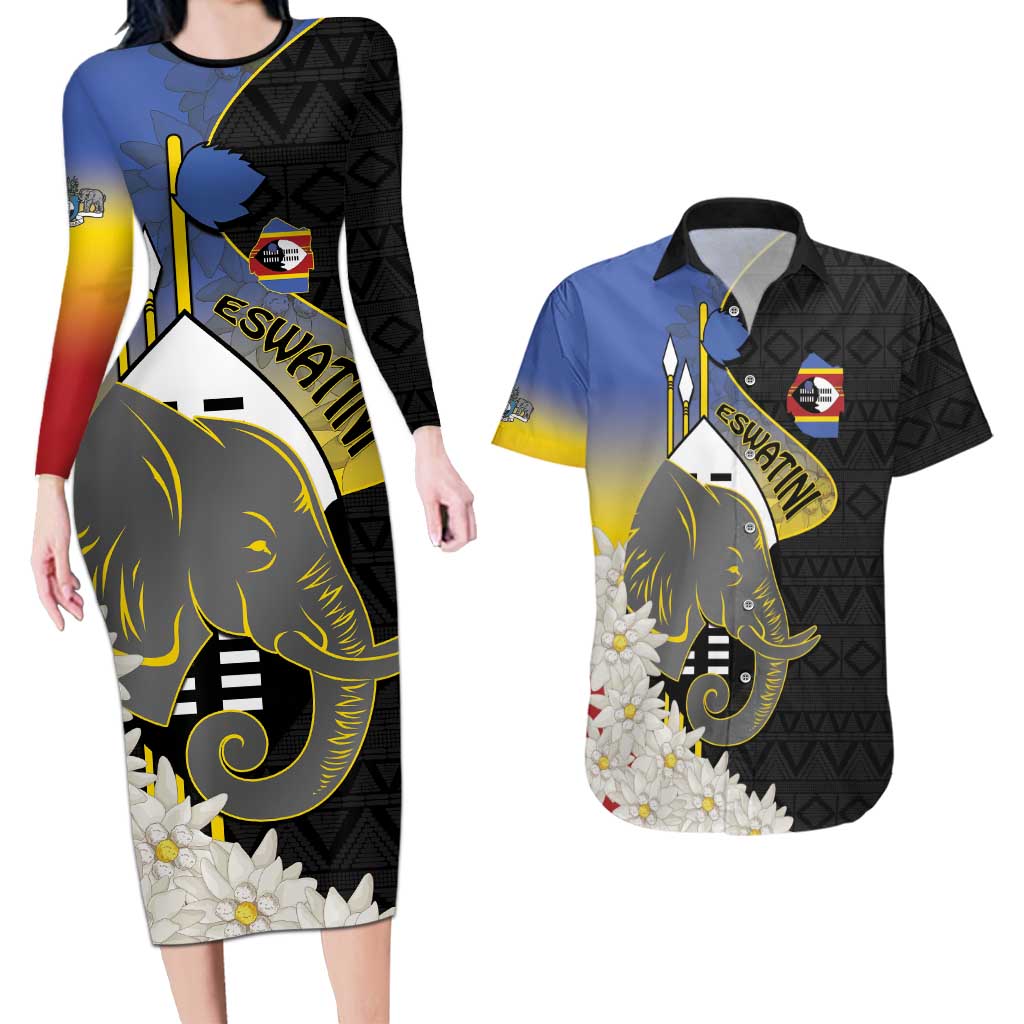Eswatini Independence Day Couples Matching Long Sleeve Bodycon Dress and Hawaiian Shirt Swaziland Nguni Shield African Pattern - Wonder Print Shop
