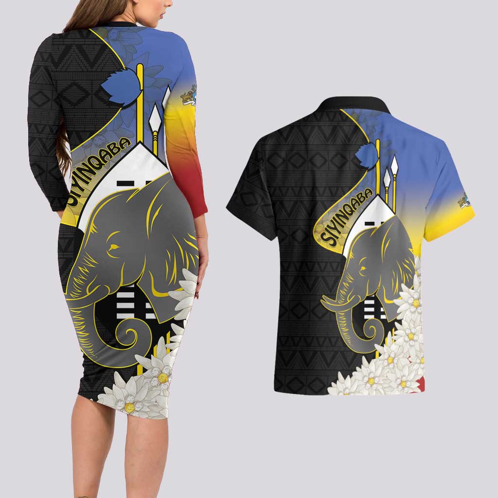 Eswatini Independence Day Couples Matching Long Sleeve Bodycon Dress and Hawaiian Shirt Swaziland Nguni Shield African Pattern - Wonder Print Shop