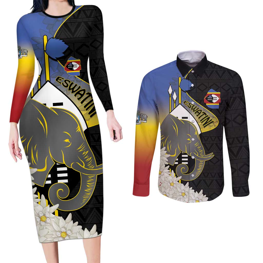 Eswatini Independence Day Couples Matching Long Sleeve Bodycon Dress and Long Sleeve Button Shirt Swaziland Nguni Shield African Pattern - Wonder Print Shop