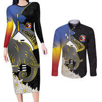 Eswatini Independence Day Couples Matching Long Sleeve Bodycon Dress and Long Sleeve Button Shirt Swaziland Nguni Shield African Pattern - Wonder Print Shop