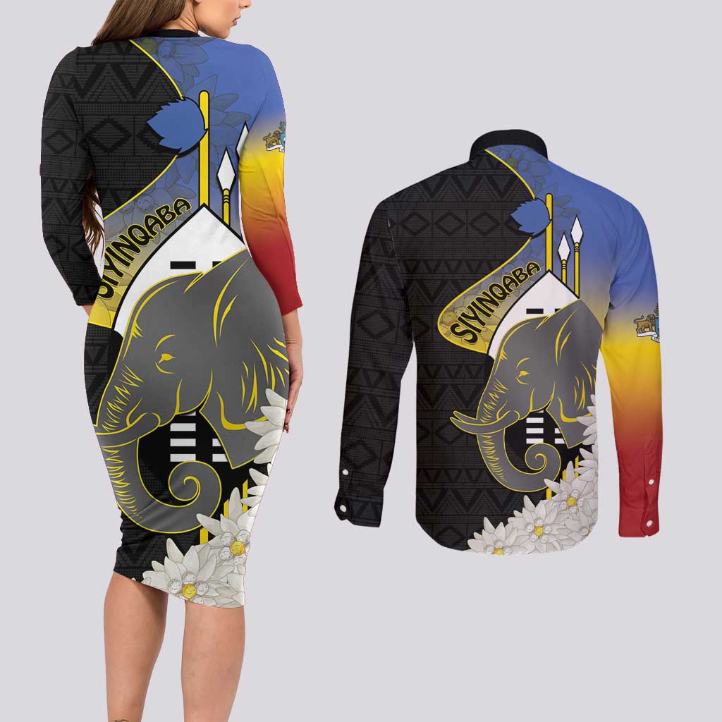 Eswatini Independence Day Couples Matching Long Sleeve Bodycon Dress and Long Sleeve Button Shirt Swaziland Nguni Shield African Pattern - Wonder Print Shop