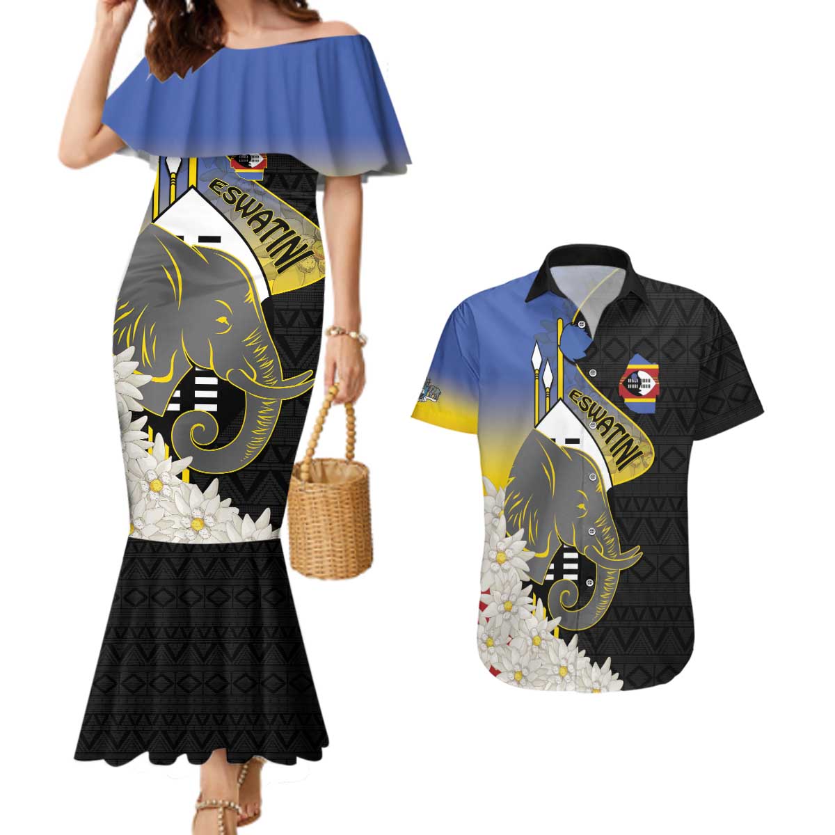 Eswatini Independence Day Couples Matching Mermaid Dress and Hawaiian Shirt Swaziland Nguni Shield African Pattern - Wonder Print Shop